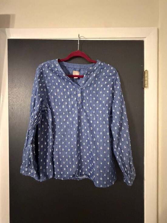 Chico's Tops - Chico's Blue Long Sleeve Button-Front Blouse with  silver Metallic Dot Texture